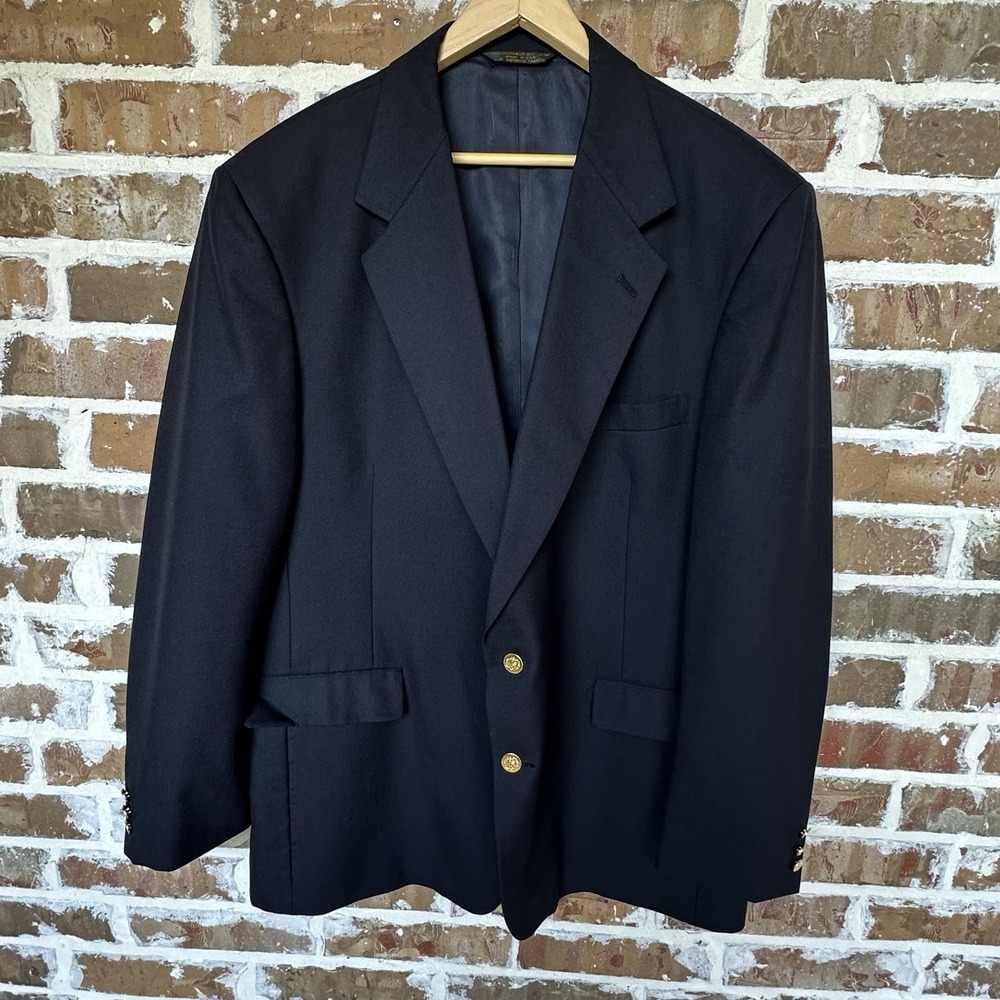 VTG Botany 500 Navy Blue Suit Jacket Men Size 48L Gold‎ Tone Buttons USA Made